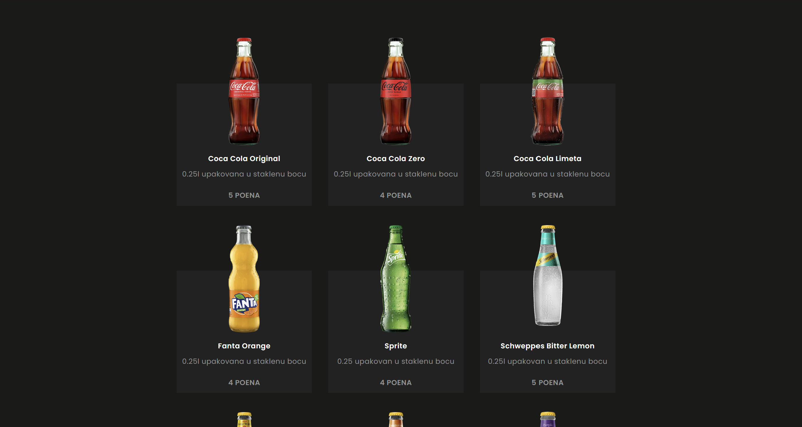 Scoring system: each product carries a point value